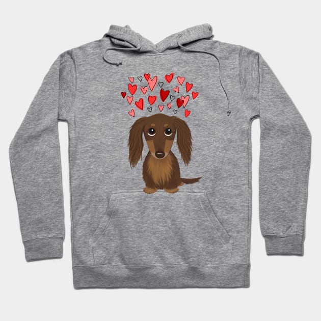 Cute Wiener Dog | Longhaired Chocolate Dachshund with Valentine Hearts Hoodie by Coffee Squirrel